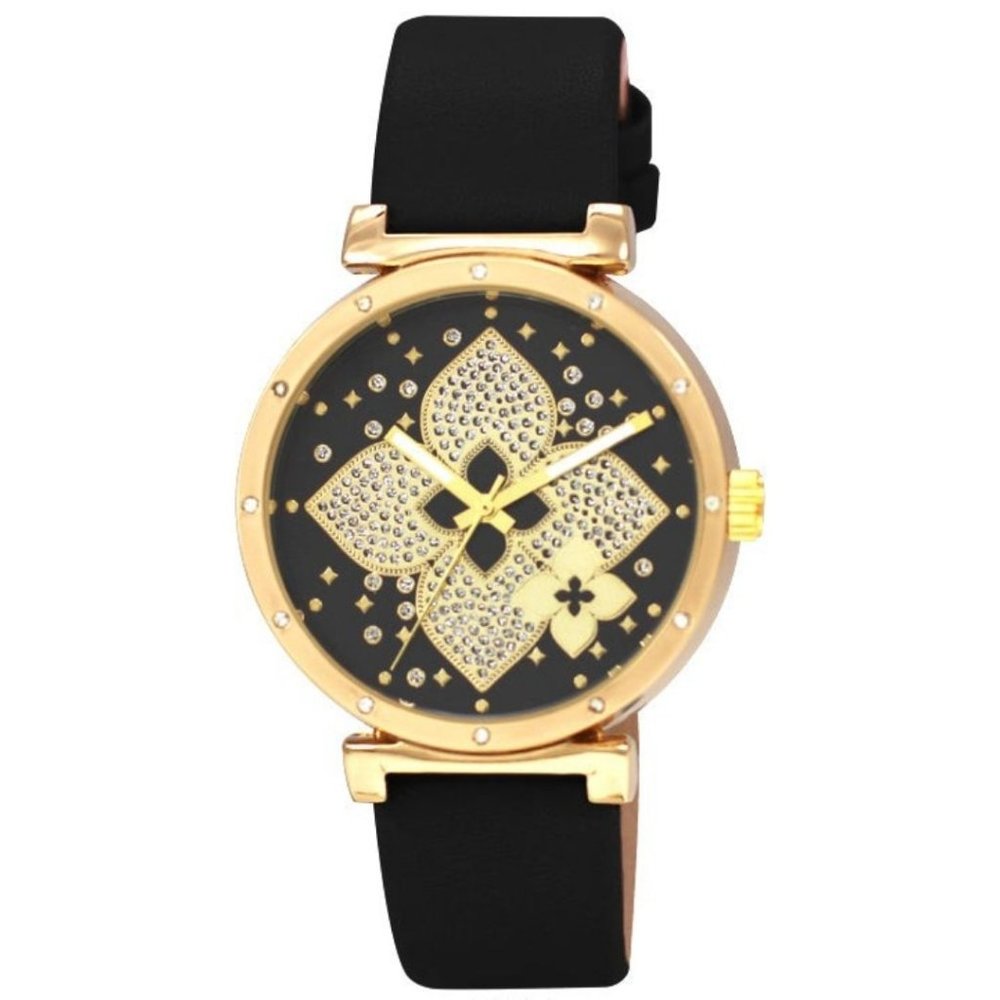 42mm Montres Carlo Fashion Womens Flower Luxury Black Leather Band Dress Watch